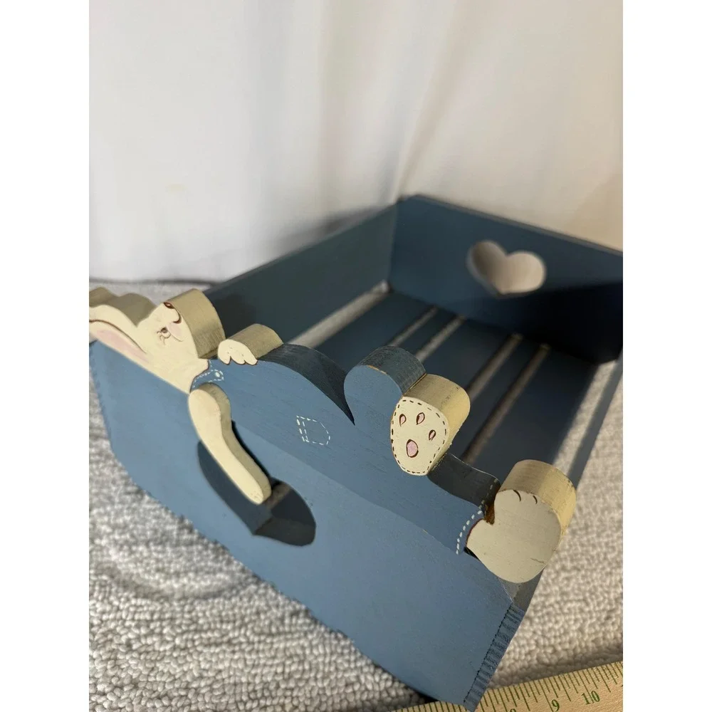 Blue Wooden Crate Heart Cutouts Bunny‎  Rustic Farmhouse Storage Organizer